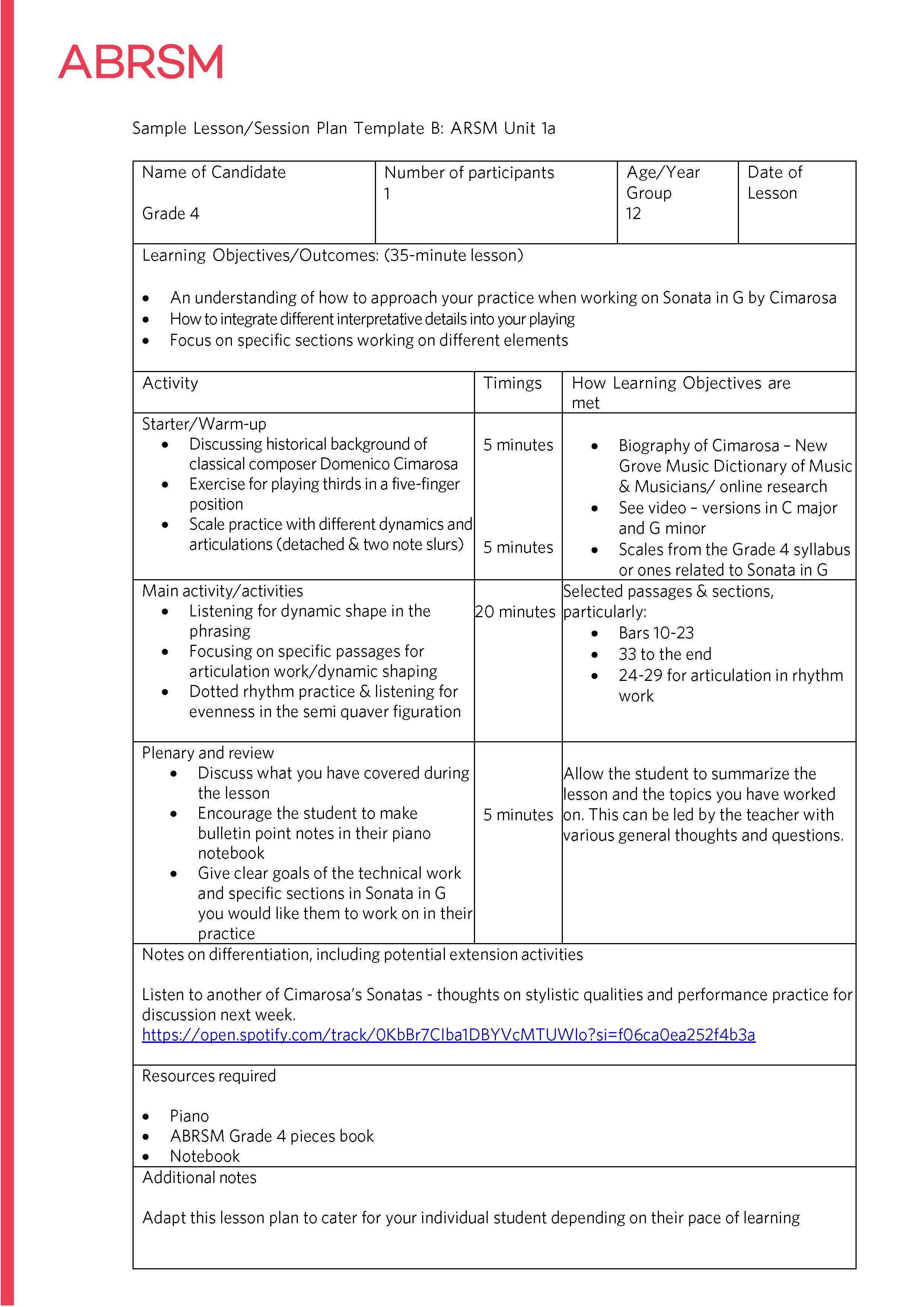 Cimarosa Lesson Plan